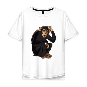Мужская футболка хлопок Oversize с принтом Обезьяна думает в Екатеринбурге, 100% хлопок | свободный крой, круглый ворот, “спинка” длиннее передней части | Тематика изображения на принте: думать | животное | мавпа | обезьяна | человек
