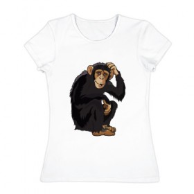 Женская футболка хлопок с принтом Обезьяна думает в Екатеринбурге, 100% хлопок | прямой крой, круглый вырез горловины, длина до линии бедер, слегка спущенное плечо | думать | животное | мавпа | обезьяна | человек