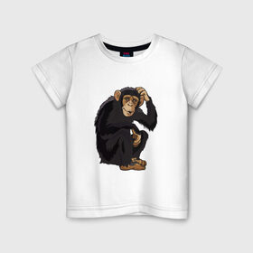 Детская футболка хлопок с принтом Обезьяна думает в Екатеринбурге, 100% хлопок | круглый вырез горловины, полуприлегающий силуэт, длина до линии бедер | думать | животное | мавпа | обезьяна | человек