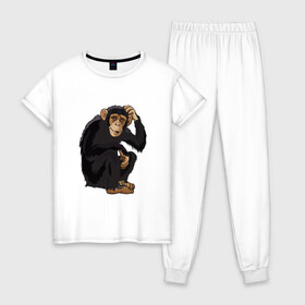 Женская пижама хлопок с принтом Обезьяна думает в Екатеринбурге, 100% хлопок | брюки и футболка прямого кроя, без карманов, на брюках мягкая резинка на поясе и по низу штанин | думать | животное | мавпа | обезьяна | человек