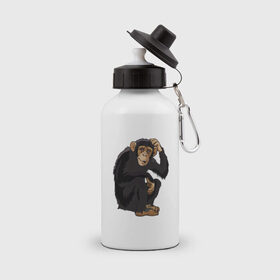 Бутылка спортивная с принтом Обезьяна думает в Екатеринбурге, металл | емкость — 500 мл, в комплекте две пластиковые крышки и карабин для крепления | думать | животное | мавпа | обезьяна | человек