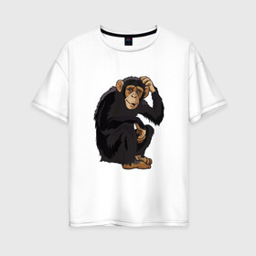 Женская футболка хлопок Oversize с принтом Обезьяна думает в Екатеринбурге, 100% хлопок | свободный крой, круглый ворот, спущенный рукав, длина до линии бедер
 | думать | животное | мавпа | обезьяна | человек