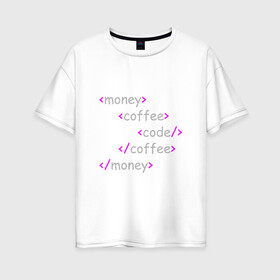 Женская футболка хлопок Oversize с принтом Front-end разработка в Екатеринбурге, 100% хлопок | свободный крой, круглый ворот, спущенный рукав, длина до линии бедер
 | code | coffee | front end | html | money | деньги | код | кофе