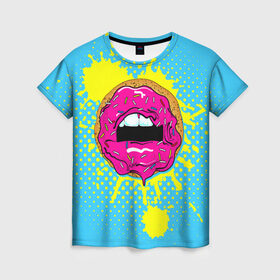 Женская футболка 3D с принтом Donut lips в Екатеринбурге, 100% полиэфир ( синтетическое хлопкоподобное полотно) | прямой крой, круглый вырез горловины, длина до линии бедер | donut | kiss | lips | pop art | splash | sweet | брызги | губы | пончик | поп арт
