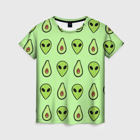 Женская футболка 3D с принтом Green в Екатеринбурге, 100% полиэфир ( синтетическое хлопкоподобное полотно) | прямой крой, круглый вырез горловины, длина до линии бедер | alien | food | vegetarian | авокадо | вегетарианство | еда | пришелец