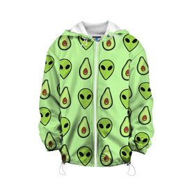 Детская куртка 3D с принтом Green в Екатеринбурге, 100% полиэстер | застежка — молния, подол и капюшон оформлены резинкой с фиксаторами, по бокам — два кармана без застежек, один потайной карман на груди, плотность верхнего слоя — 90 г/м2; плотность флисового подклада — 260 г/м2 | Тематика изображения на принте: alien | food | vegetarian | авокадо | вегетарианство | еда | пришелец