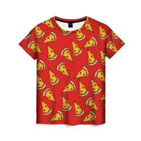 Женская футболка 3D с принтом Pizza red в Екатеринбурге, 100% полиэфир ( синтетическое хлопкоподобное полотно) | прямой крой, круглый вырез горловины, длина до линии бедер | fast food | pizza | еда | пицца | фастфуд