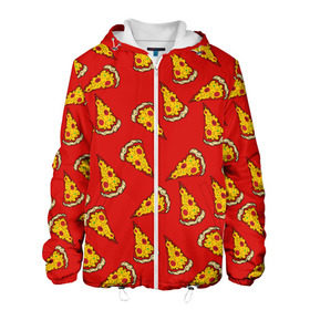 Мужская куртка 3D с принтом Pizza red в Екатеринбурге, ткань верха — 100% полиэстер, подклад — флис | прямой крой, подол и капюшон оформлены резинкой с фиксаторами, два кармана без застежек по бокам, один большой потайной карман на груди. Карман на груди застегивается на липучку | fast food | pizza | еда | пицца | фастфуд