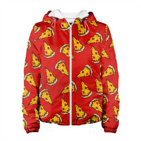 Женская куртка 3D с принтом Pizza red в Екатеринбурге, ткань верха — 100% полиэстер, подклад — флис | прямой крой, подол и капюшон оформлены резинкой с фиксаторами, два кармана без застежек по бокам, один большой потайной карман на груди. Карман на груди застегивается на липучку | Тематика изображения на принте: fast food | pizza | еда | пицца | фастфуд