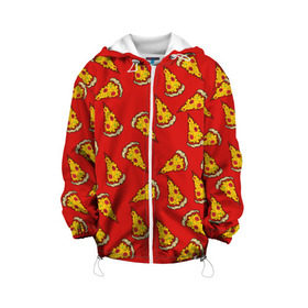 Детская куртка 3D с принтом Pizza red в Екатеринбурге, 100% полиэстер | застежка — молния, подол и капюшон оформлены резинкой с фиксаторами, по бокам — два кармана без застежек, один потайной карман на груди, плотность верхнего слоя — 90 г/м2; плотность флисового подклада — 260 г/м2 | fast food | pizza | еда | пицца | фастфуд