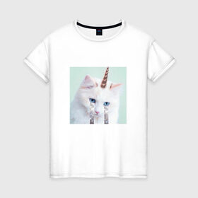 Женская футболка хлопок с принтом котик единорог в Екатеринбурге, 100% хлопок | прямой крой, круглый вырез горловины, длина до линии бедер, слегка спущенное плечо | владивосток | единорожек | кот | пушистик | радуга | самара | свэг | слезки