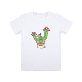 Детская футболка хлопок с принтом Кактус в Екатеринбурге, 100% хлопок | круглый вырез горловины, полуприлегающий силуэт, длина до линии бедер | горшок | растение | цветет | цветок