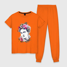Женская пижама хлопок с принтом Фрида Кало в Екатеринбурге, 100% хлопок | брюки и футболка прямого кроя, без карманов, на брюках мягкая резинка на поясе и по низу штанин | фрида кало