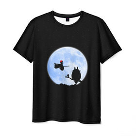 Мужская футболка 3D с принтом Totoro and the moon в Екатеринбурге, 100% полиэфир | прямой крой, круглый вырез горловины, длина до линии бедер | anime | moon | myneighbortotoro | night | stars | totoro | аниме | звезды | канта | кодомо | котобус | кусакабэ | луна | мэй | ночь | сусуватари | тацуо | тоторо | хаяомиядзаки | ясуко