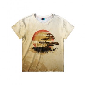 Детская футболка 3D с принтом Дерево на закате в Екатеринбурге, 100% гипоаллергенный полиэфир | прямой крой, круглый вырез горловины, длина до линии бедер, чуть спущенное плечо, ткань немного тянется | Тематика изображения на принте: дерево | закат | солнце | япония