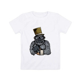 Детская футболка хлопок с принтом Гроссмейстер в Екатеринбурге, 100% хлопок | круглый вырез горловины, полуприлегающий силуэт, длина до линии бедер | chess | sport | горилла | животные | мат | обезьяна | примат | спорт | шах | шахматы | шляпа