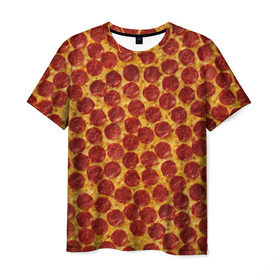 Мужская футболка 3D с принтом Пицца пепперони в Екатеринбурге, 100% полиэфир | прямой крой, круглый вырез горловины, длина до линии бедер | Тематика изображения на принте: pepperoni | pizza | еда | колбаса | мясо | пица | сардельки | сыр | фастфуд
