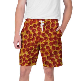 Мужские шорты 3D с принтом Пицца пепперони в Екатеринбурге,  полиэстер 100% | прямой крой, два кармана без застежек по бокам. Мягкая трикотажная резинка на поясе, внутри которой широкие завязки. Длина чуть выше колен | Тематика изображения на принте: pepperoni | pizza | еда | колбаса | мясо | пица | сардельки | сыр | фастфуд