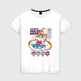 Женская футболка хлопок с принтом Sailor Moon в Екатеринбурге, 100% хлопок | прямой крой, круглый вырез горловины, длина до линии бедер, слегка спущенное плечо | кот | котики | сейлор мун