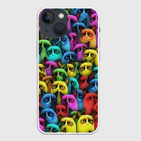 Чехол для iPhone 13 mini с принтом Разноцветные сердитые коты в Екатеринбурге,  |  | cat | grumpy | грустный | злой | кот | кошка | мем | паттерн | радуга