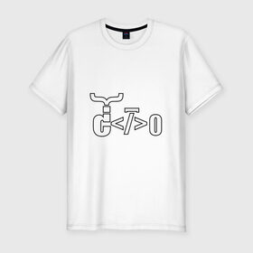 Мужская футболка премиум с принтом Велосипед программиста в Екатеринбурге, 92% хлопок, 8% лайкра | приталенный силуэт, круглый вырез ворота, длина до линии бедра, короткий рукав | велосипед | код | программирование | программист | символы