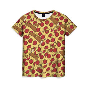 Женская футболка 3D с принтом Pizza в Екатеринбурге, 100% полиэфир ( синтетическое хлопкоподобное полотно) | прямой крой, круглый вырез горловины, длина до линии бедер | cheese | fast food | food | junk food | pizza | еда | пицца | сыр | фастфут