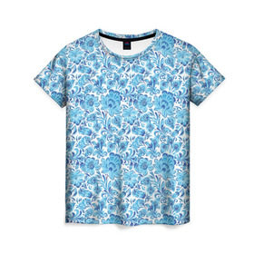 Женская футболка 3D с принтом Гжель в Екатеринбурге, 100% полиэфир ( синтетическое хлопкоподобное полотно) | прямой крой, круглый вырез горловины, длина до линии бедер | гжель | роспись | цветы