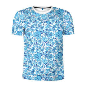 Мужская футболка 3D спортивная с принтом Гжель в Екатеринбурге, 100% полиэстер с улучшенными характеристиками | приталенный силуэт, круглая горловина, широкие плечи, сужается к линии бедра | гжель | роспись | цветы