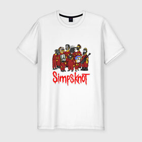 Мужская футболка премиум с принтом SimpsKnot в Екатеринбурге, 92% хлопок, 8% лайкра | приталенный силуэт, круглый вырез ворота, длина до линии бедра, короткий рукав | Тематика изображения на принте: art | bart | homer | metall | rock | simpson | simpsons | slipknot |   группа | арт | барт | гомер | металл | рок | симпсон | симпсоны | слинкнот