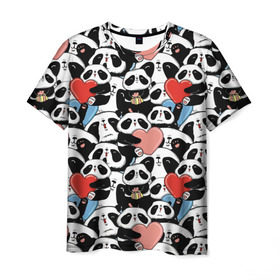 Мужская футболка 3D с принтом Funny Panda в Екатеринбурге, 100% полиэфир | прямой крой, круглый вырез горловины, длина до линии бедер | bear | heart | positive | медведь | мишка | орнамент | панда | подарок | позитив | сердечки | сердце | сюрприз | узор