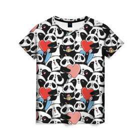 Женская футболка 3D с принтом Funny Panda в Екатеринбурге, 100% полиэфир ( синтетическое хлопкоподобное полотно) | прямой крой, круглый вырез горловины, длина до линии бедер | bear | heart | positive | медведь | мишка | орнамент | панда | подарок | позитив | сердечки | сердце | сюрприз | узор