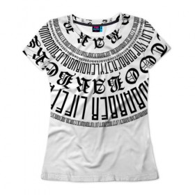 Женская футболка 3D с принтом Каллиграфия БАРБЕР WHITE в Екатеринбурге, 100% полиэфир ( синтетическое хлопкоподобное полотно) | прямой крой, круглый вырез горловины, длина до линии бедер | 