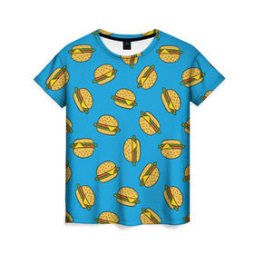 Женская футболка 3D с принтом Бургеры в Екатеринбурге, 100% полиэфир ( синтетическое хлопкоподобное полотно) | прямой крой, круглый вырез горловины, длина до линии бедер | burger | fast food | food | pattern | бургер | еда | паттерн | фастфуд