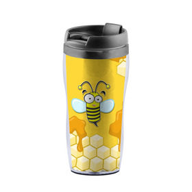 Термокружка-непроливайка с принтом Пчелка в Екатеринбурге, внутренняя часть — пищевой пластик, наружная часть — прозрачный пластик, между ними — полиграфическая вставка с рисунком | объем — 350 мл, герметичная крышка | животные | лето | мед | насекомые | природа | пчела | пчелка | соты