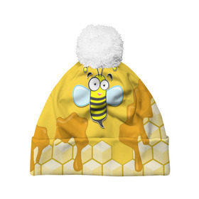 Шапка 3D c помпоном с принтом Пчелка в Екатеринбурге, 100% полиэстер | универсальный размер, печать по всей поверхности изделия | Тематика изображения на принте: животные | лето | мед | насекомые | природа | пчела | пчелка | соты