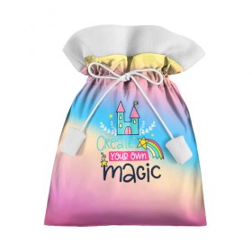 Подарочный 3D мешок с принтом Create your own magic в Екатеринбурге, 100% полиэстер | Размер: 29*39 см | Тематика изображения на принте: girl | life | name | rainbow | букет | девочки | дети | животные | позитив | радуга | смайл | счастье | текстура