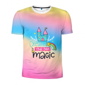 Мужская футболка 3D спортивная с принтом Create your own magic в Екатеринбурге, 100% полиэстер с улучшенными характеристиками | приталенный силуэт, круглая горловина, широкие плечи, сужается к линии бедра | girl | life | name | rainbow | букет | девочки | дети | животные | позитив | радуга | смайл | счастье | текстура