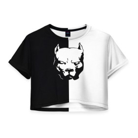 Женская футболка 3D укороченная с принтом Питбуль в Екатеринбурге, 100% полиэстер | круглая горловина, длина футболки до линии талии, рукава с отворотами | агрессия | башка | белое | голова | пес | пит буль | питбуль | собака | спорт | стаф | стафф | стаффорд | чб | черное