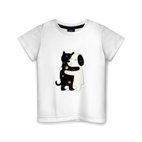 Детская футболка хлопок с принтом Обнимашки в Екатеринбурге, 100% хлопок | круглый вырез горловины, полуприлегающий силуэт, длина до линии бедер | Тематика изображения на принте: cat | в горох | космический | космос | кот | кошка | любовь | милый | пес | собака