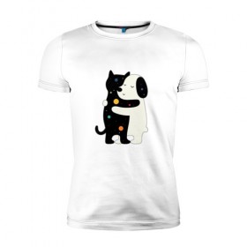 Мужская футболка премиум с принтом Обнимашки в Екатеринбурге, 92% хлопок, 8% лайкра | приталенный силуэт, круглый вырез ворота, длина до линии бедра, короткий рукав | cat | в горох | космический | космос | кот | кошка | любовь | милый | пес | собака