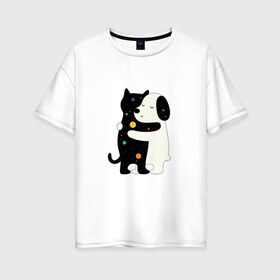 Женская футболка хлопок Oversize с принтом Обнимашки в Екатеринбурге, 100% хлопок | свободный крой, круглый ворот, спущенный рукав, длина до линии бедер
 | cat | в горох | космический | космос | кот | кошка | любовь | милый | пес | собака