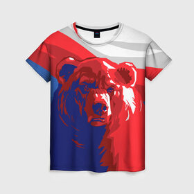Женская футболка 3D с принтом Российский медведь в Екатеринбурге, 100% полиэфир ( синтетическое хлопкоподобное полотно) | прямой крой, круглый вырез горловины, длина до линии бедер | russia | russian bear | патриот | родина | россия | русский медведь | триколор
