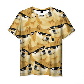 Мужская футболка 3D с принтом Doge мем в deal with it очках в Екатеринбурге, 100% полиэфир | прямой крой, круглый вырез горловины, длина до линии бедер | deal with it очки | doge | meme | мем | мемы | сиба ину | сиба ину мем