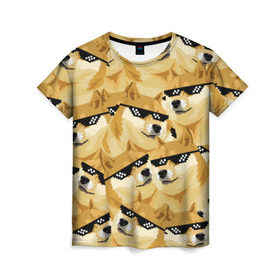 Женская футболка 3D с принтом Doge мем в deal with it очках в Екатеринбурге, 100% полиэфир ( синтетическое хлопкоподобное полотно) | прямой крой, круглый вырез горловины, длина до линии бедер | deal with it очки | doge | meme | мем | мемы | сиба ину | сиба ину мем