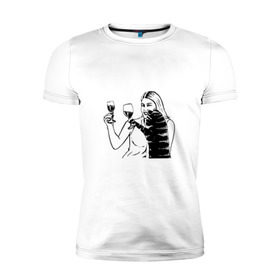 Мужская футболка премиум с принтом Котик и Вино в Екатеринбурге, 92% хлопок, 8% лайкра | приталенный силуэт, круглый вырез ворота, длина до линии бедра, короткий рукав | винчик | выпьем за любовь | женщина | кот