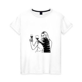 Женская футболка хлопок с принтом Котик и Вино в Екатеринбурге, 100% хлопок | прямой крой, круглый вырез горловины, длина до линии бедер, слегка спущенное плечо | винчик | выпьем за любовь | женщина | кот