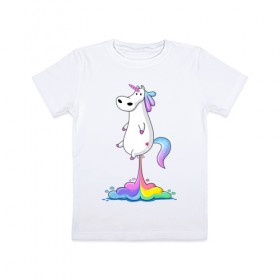 Детская футболка хлопок с принтом Единорог радуга в Екатеринбурге, 100% хлопок | круглый вырез горловины, полуприлегающий силуэт, длина до линии бедер | rainbow | unicorn | радужный