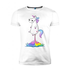 Мужская футболка премиум с принтом Единорог радуга в Екатеринбурге, 92% хлопок, 8% лайкра | приталенный силуэт, круглый вырез ворота, длина до линии бедра, короткий рукав | Тематика изображения на принте: rainbow | unicorn | радужный