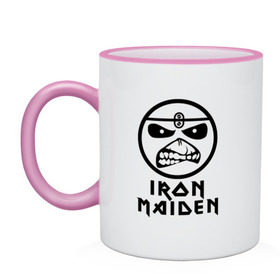 Кружка двухцветная с принтом Iron Maiden в Екатеринбурге, керамика | объем — 330 мл, диаметр — 80 мм. Цветная ручка и кайма сверху, в некоторых цветах — вся внутренняя часть | Тематика изображения на принте: iron maiden | адриан смит | айран | айрон | группа | дэйв мюррей | железная дева | ирон | майден | мейд | мейден | метал | мрачный | музыка | песни | рок | стив харрис | тяжелый | хеви | хевиметал