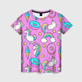 Женская футболка 3D с принтом Котики и Единороги в Екатеринбурге, 100% полиэфир ( синтетическое хлопкоподобное полотно) | прямой крой, круглый вырез горловины, длина до линии бедер | единорог | мороженое | пони | пончики | радуга | розовый